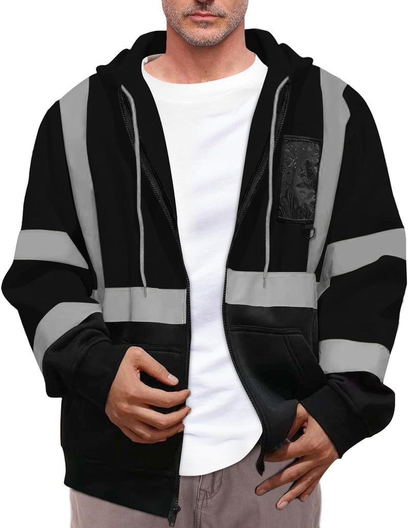 FATONE Store Hi Vis Hoodie for Men Zip up Reflective Sweatshirt Class 3 High Visibility Hoodie Lightweight Safety Work Sweater, Black, XL - Image 1